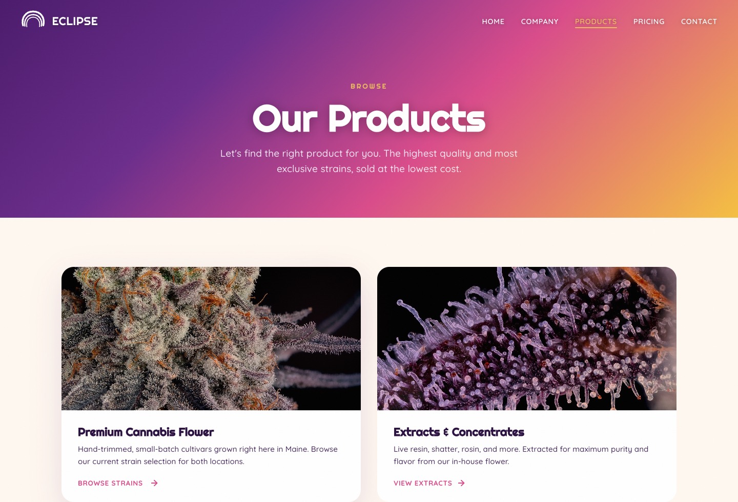 Rebuilt dispensary products page with strong hierarchy, clear cards, and cleaner navigation.